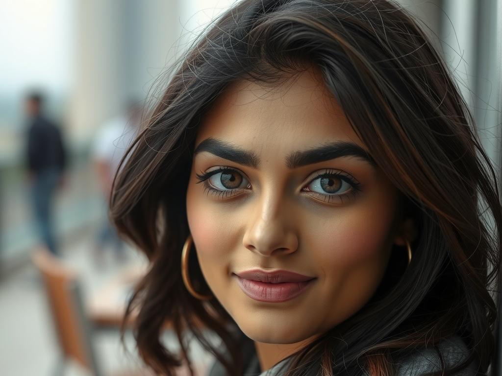 A woman with striking features and gold hoop earrings is captured in soft, natural light.