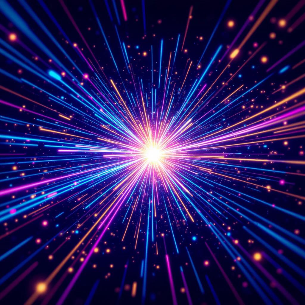 Vibrant abstract digital artwork shows a swirling burst of glowing particles in motion. Particles are multicolored with electric blue neon pink and gold. They radiate from a central point like an explosion of energy. Trails of light curve outward leaving motion blur against a deep black background. Scene feels energetic and futuristic like a visualization of sound waves or cosmic forces.
