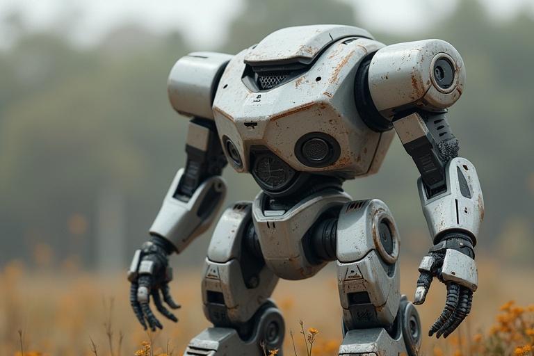 Robot with a damaged exterior standing in a field of flowers. Robot has an industrial design with a weathered appearance. Surrounding environment consists of soft-focus background of nature.