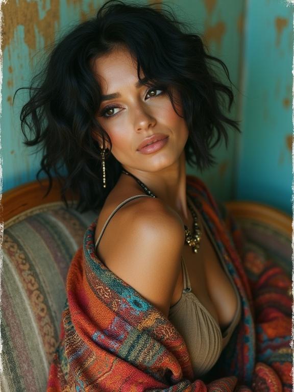 An intimate photo capturing a confident woman looking over her shoulder while leaning on a worn couch. She has beautiful black hair with waves, wearing a colorful shawl and tank top. Her makeup includes heavy eyeliner, and her expression is shy yet beautiful.