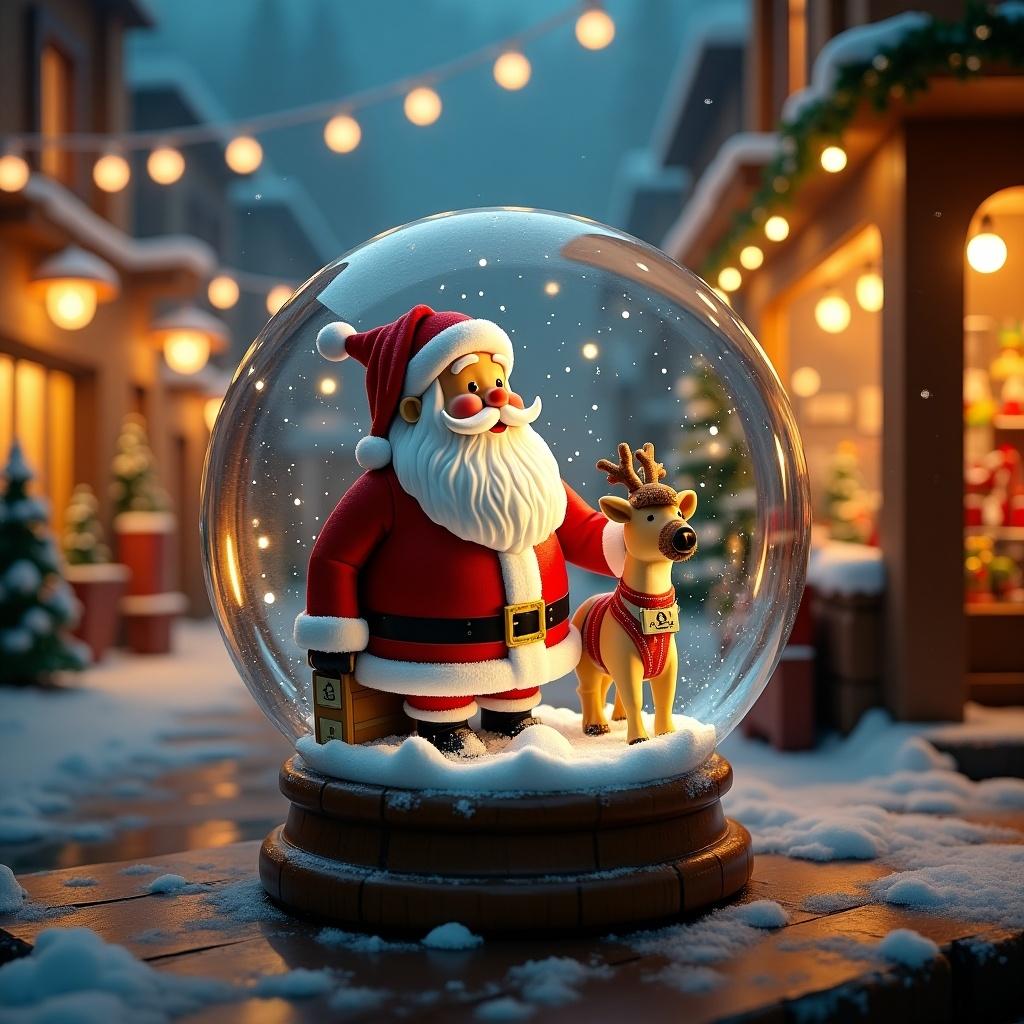 Christmas scene with Santa Claus inside a snow globe. Reindeer stands beside Santa. Snow globe is labeled 'ABB'. Background features a toy shop with festive decorations. Warm glowing lights and snow create a magical atmosphere.