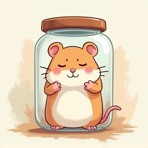 A cartoon hamster sleeping in a glass jar. Hamster has perfect paws. Background features paint splatter with muted pastel colors. Thin gapped lines with large gaps. Highly stylized and impressionistic.