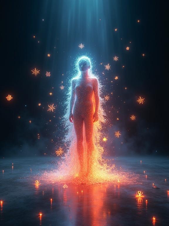 An abstract ethereal figure composed of flowing light and colors in a dark studio void surrounded by small colorful floating objects under dramatic lighting