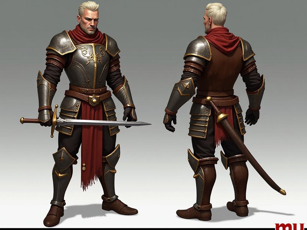 A detailed digital illustration of a fantasy knight in full armor, holding a sword, with both front and back views shown, set against a neutral background.