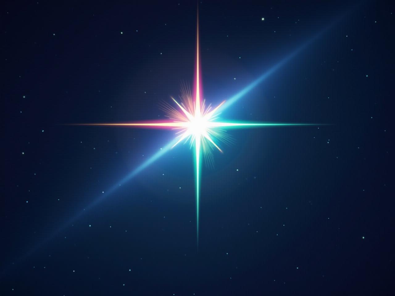 This image showcases a brilliant rainbow star shining brightly in a dark night sky. The star is centered, radiating a warm glow that contrasts beautifully with the surrounding darkness. Tiny twinkling stars scatter across the background, enhancing the cosmic appeal. The colors of the star transition seamlessly through shades of pink, green, and purple. This stunning visual captures the wonder of the universe and the beauty of celestial phenomena.