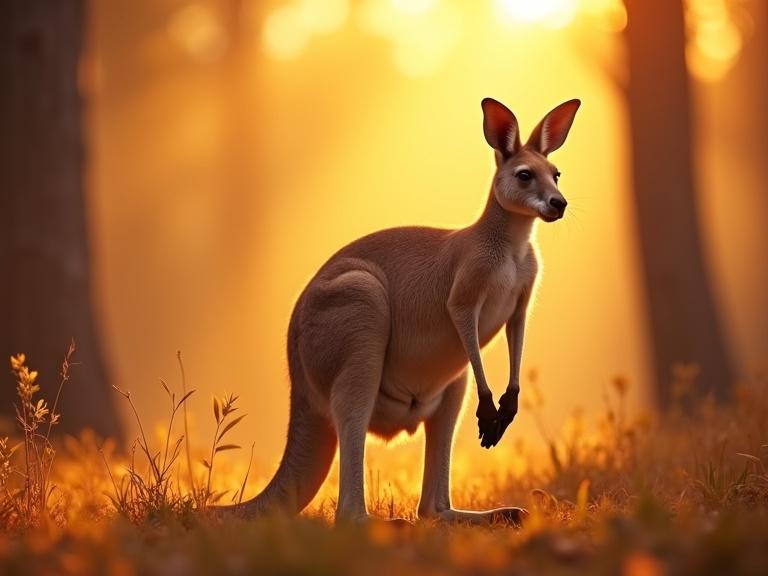 Kangaroo stands in a sunlit forest. Strong light creates an orange and amber glow. Concept art style evokes emotional connection and environmental awareness.