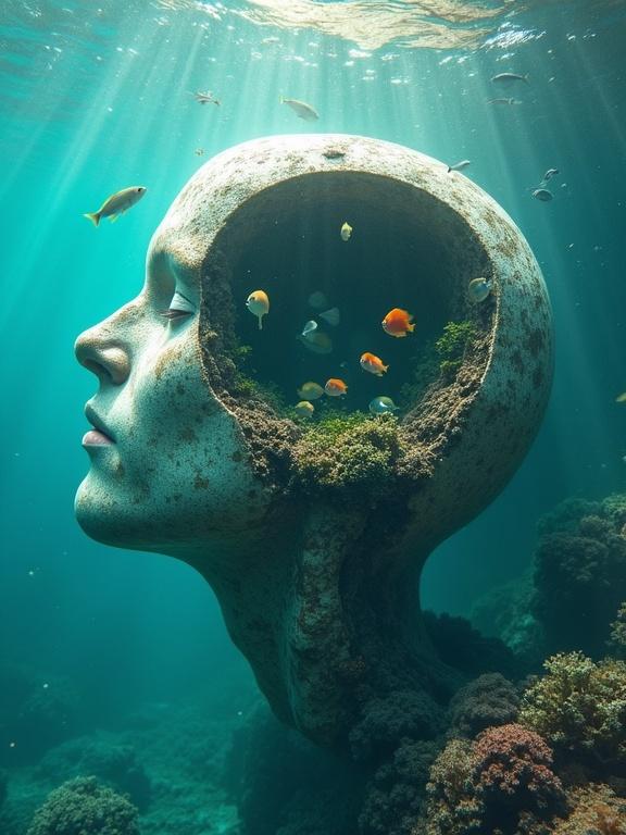 Underwater scene featuring a floating pensive head sculpture. Schools of colorful fish swim inside the cranial cavity. Corals and algae are present inside the open mouth. Sunlight rays penetrate through the turquoise water surface.
