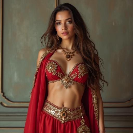 Create an image of a beautiful young woman in a gladiator outfit