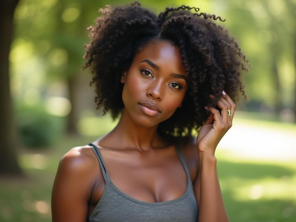 The image features a woman with beautiful, voluminous curly hair, looking directly at the camera. She has a warm, inviting expression, showcasing her natural beauty. The background is lush and green, indicating an outdoor setting. The woman is wearing a simple, fitted tank top, emphasizing her figure. The lighting is soft and natural, giving the image a serene feel.