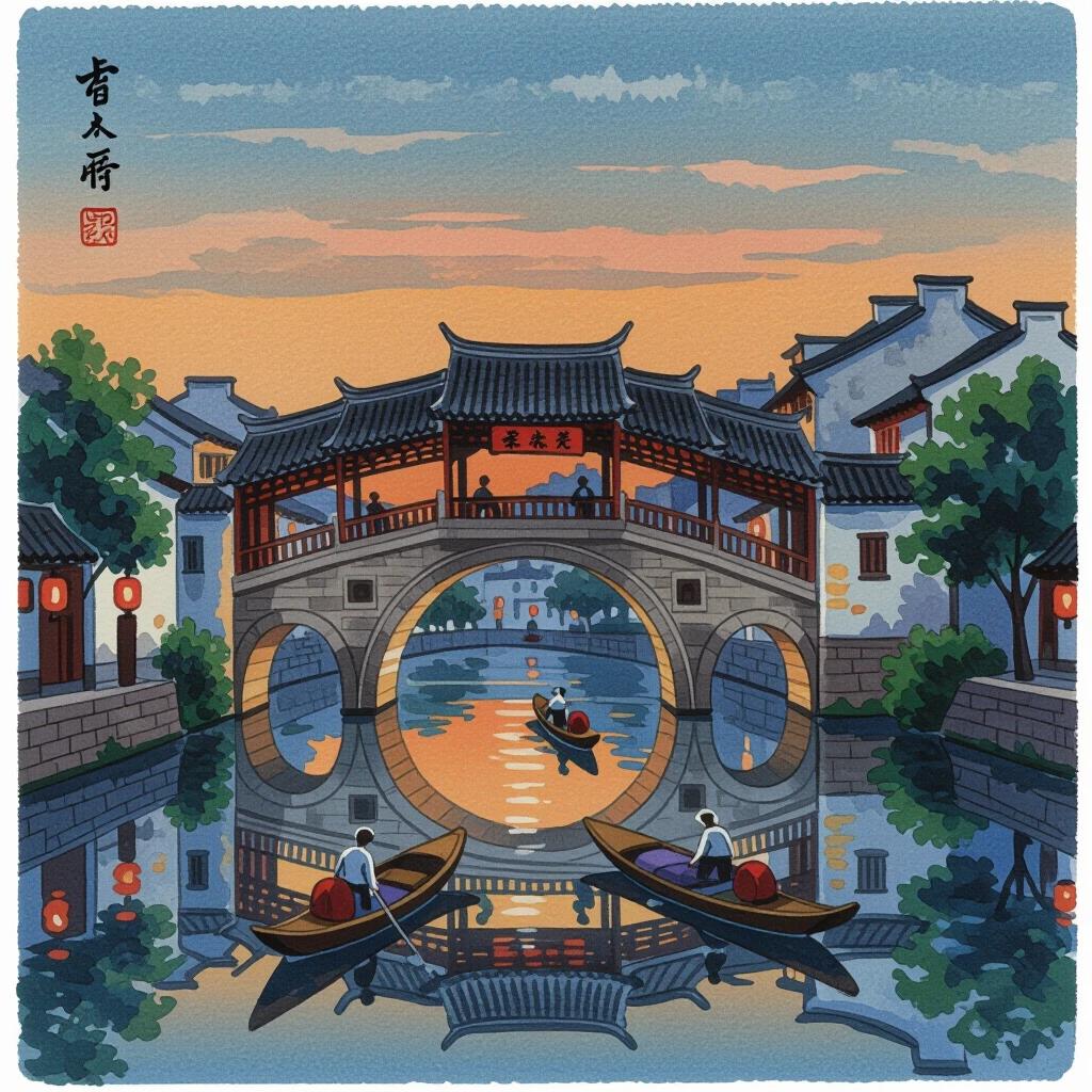 An illustration with Eastern traditional style showing a serene night scene. Soft orange and blue colors create a warm and calming atmosphere. An ancient bridge spans over the water with typical Chinese architectural features. Its reflection adds depth to the image. A figure in traditional robe stands by the water, gazing towards the scene. A full moon hangs in the sky with birds flying, creating a dynamic element. The image captures the tranquility and poetic feel of night.