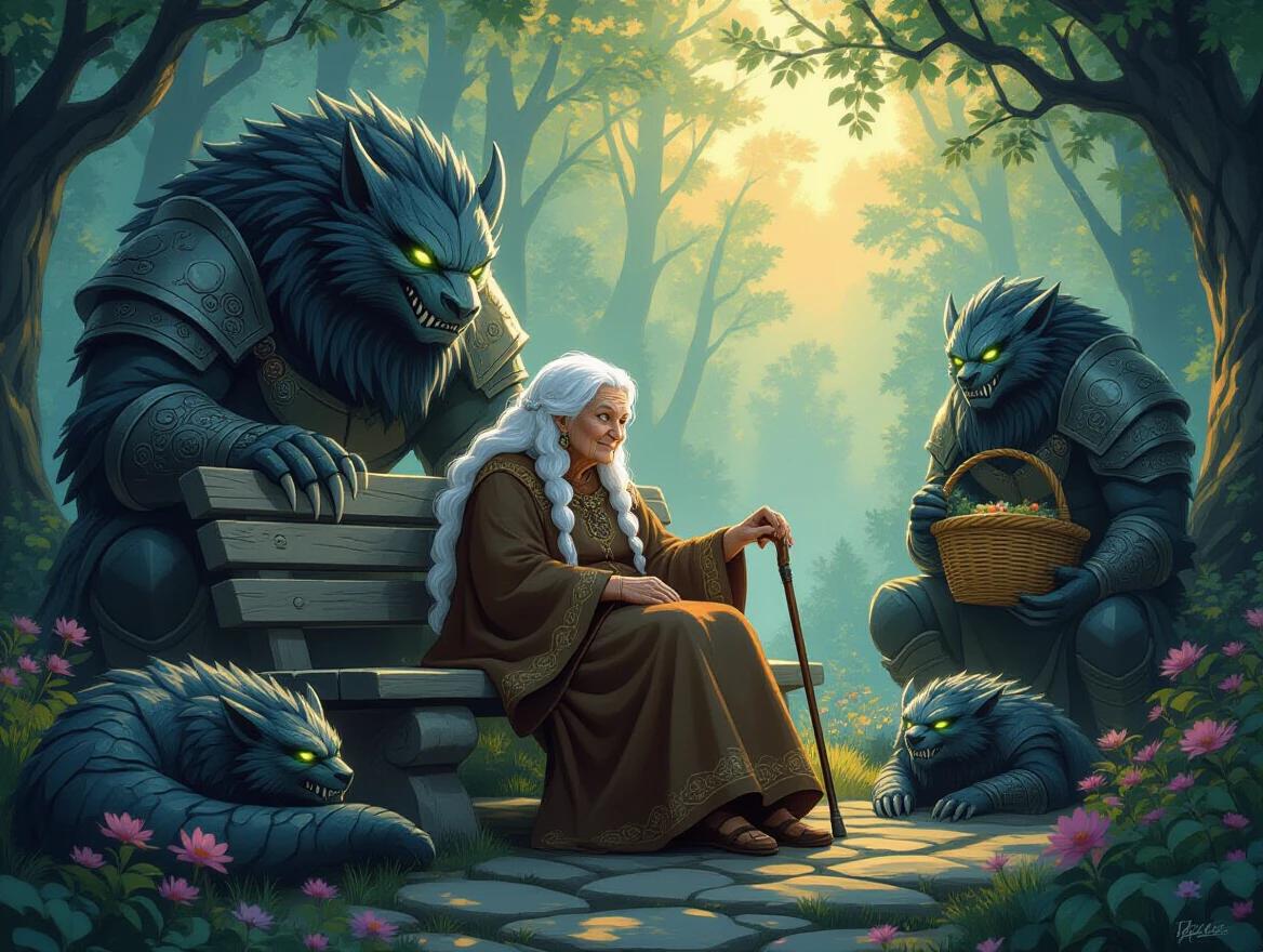 Ancient grandmother with white hair and cane. Sitting peacefully on stone bench in forest. Surrounded by massive armored beast guardians. One curled at her feet. Another carrying a basket. Others standing watch. Glowing eyes, fangs and claws ready. Soft expressions when looking at her. Twilight forest glowing with warm light. Flowers blooming underfoot. Cinematic fantasy concept art. Ultra-detailed painterly style. 8k.