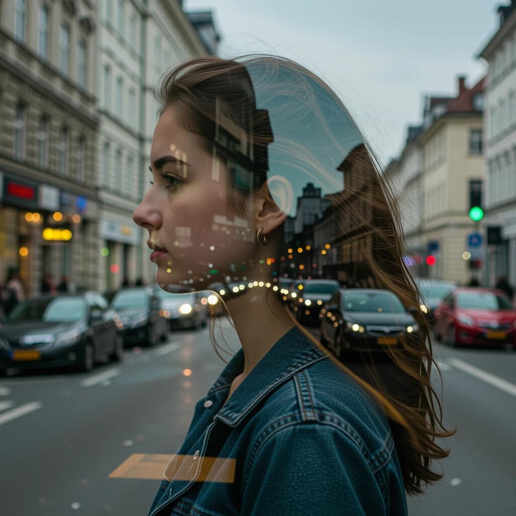 Urban scene with a woman standing at a crosswalk. Cityscape is layered within her silhouette. Blurred background of busy traffic. City lights glowing in the dusk. Hair flowing gently in the wind. Denim jacket worn casually. Street in an urban environment.