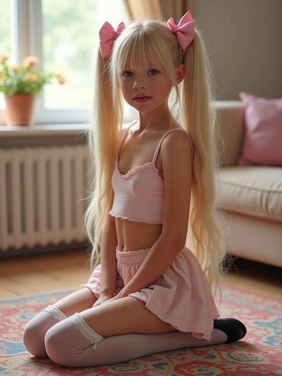 Girl kneels on a colorful rug in a soft-lit living room. She has long blonde hair in twin tails with pink bows. She wears a short crop top and a pale pink skirt, thigh-high socks with lace details, and black shoes.