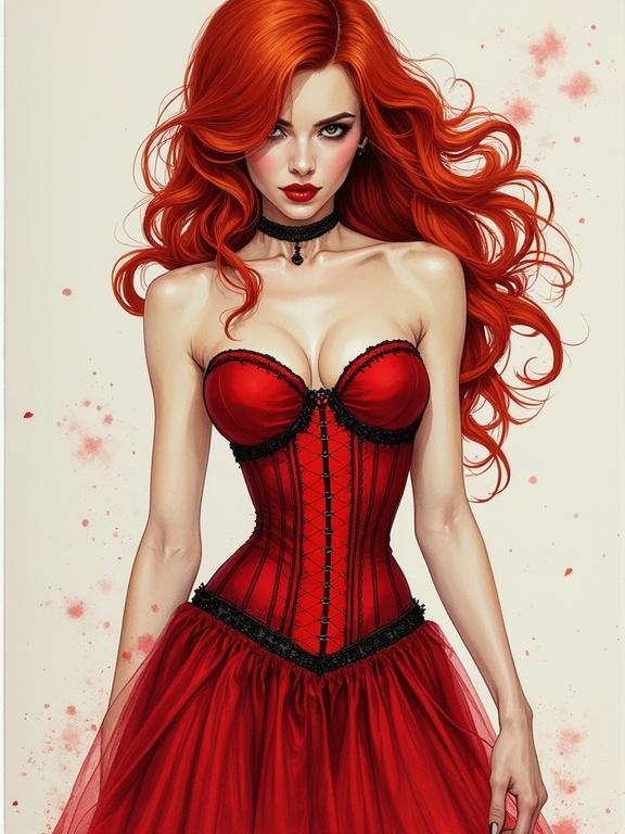 A beautiful redhead wears a striking red corset. The style is edgy and appears to be from a graphic novel, designed with watercolor effects. Influence from artists like Russ Mills, Patrick Nagel, Victoria Frances, and Anne Stokes.