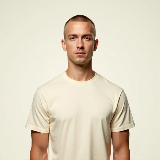 High resolution photorealistic portrait of a male with short hair and clean-shaven face. Wearing plain cream short-sleeve T-shirt. Framed from head to chest, arms slightly visible. Full frontal view, centered. Neutral expression, oval face with prominent cheekbones, pointed nose. Looking directly at camera. Soft lighting on solid background. Sharp details, realistic skin tones.