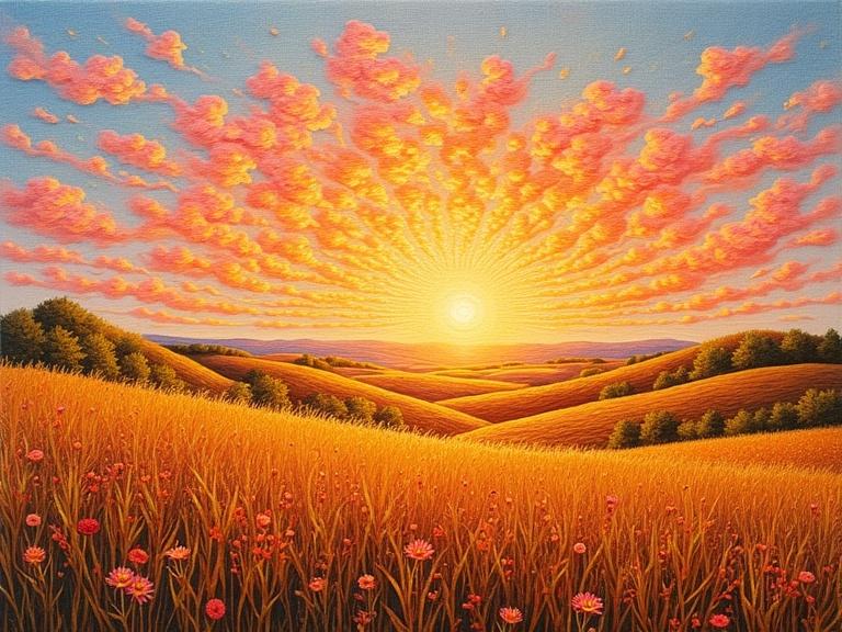 A serene sunset landscape with flowing embroidery threads creating a vibrant vista. Sun setting with soft pastel skies and distant elements. Tactile depth from stitches. Golden light bathes a tranquil open natural scene with fields and gentle hills. Evokes calm and soft beauty.