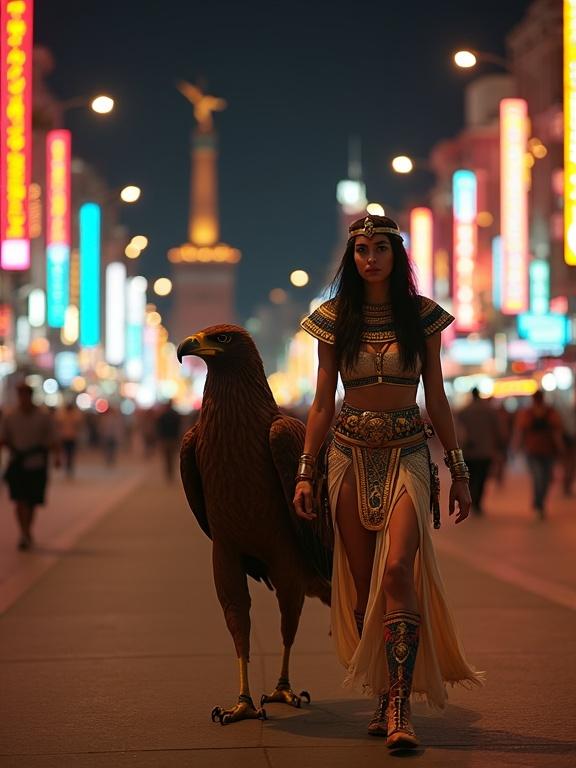 A regal Egyptian female warrior walks confidently beside a giant steppe eagle. She wears ancient battle attire and has no weapons. The image is captured in high resolution at night in Tahrir Square, Cairo. The neon lights illuminate the bustling street. The scene highlights the warrior and eagle against a vibrant urban backdrop.