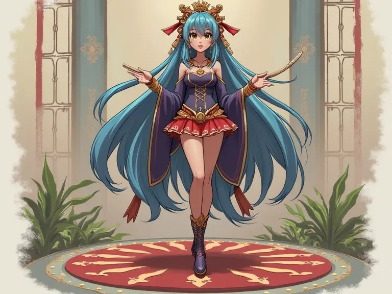 A vibrant character stands in a theatrical setting. Long blue hair, detailed costume. Hands raised with attention to staging. Background with decorative elements like plants and elegant architecture.