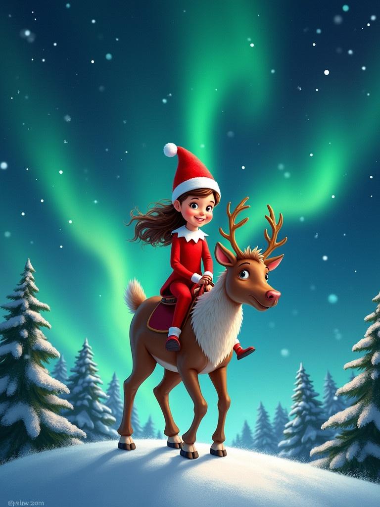 This image shows a girl elf on the shelf named Ryleigh riding a reindeer through a starry night sky. Ryleigh wears a red Santa hat. Snow-dusted Christmas trees surround the scene. The northern lights illuminate the sky in green and blue. The atmosphere feels enchanting and festive.