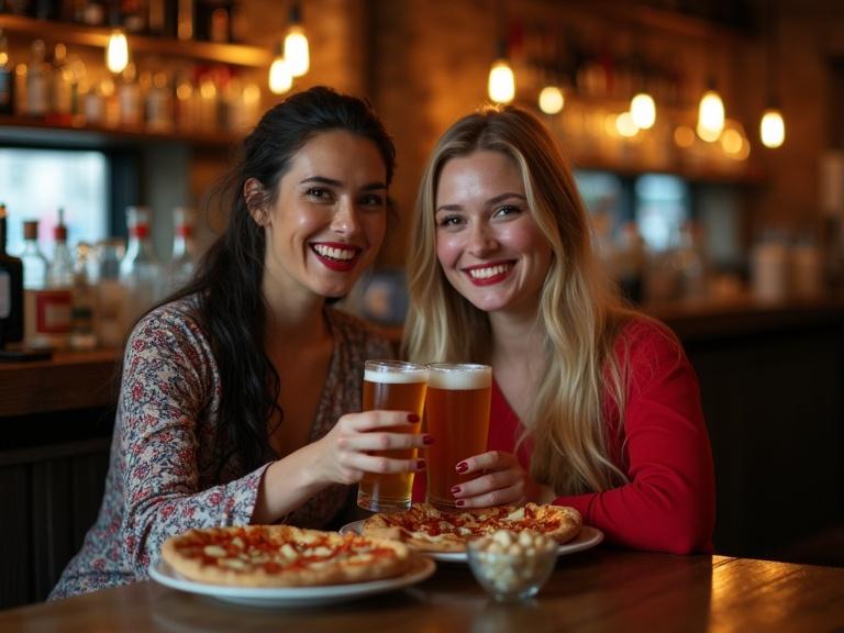 Two cheerful women sit at a rustic wooden table in a bar. Their faces are illuminated by warm light. Both are smiling and holding glasses of beer. One woman has dark hair and a floral dress. The other has long blonde hair and a red top. Between them are two small pizzas and a bowl of nuts. The bar interior is blurred in the background with warm Edison-style bulbs.
