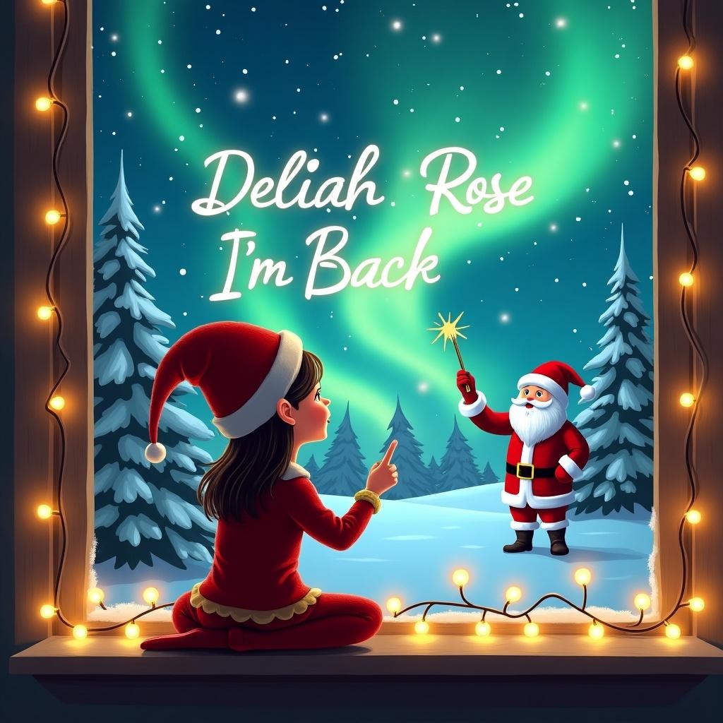 This illustration features a girl dressed as an elf on the shelf, seen from behind, enjoying the magical holiday scene. She gazes out of a window, where Santa Claus, with a wand, is writing 'Delilah Rose I'm Back' among the beautiful northern lights. The snowy landscape and evergreen trees add to the festive ambiance. Twinkling lights surround the window, creating a warm and cozy atmosphere. The image captures the essence of Christmas spirit, full of joy and enchantment, making it perfect for holiday-themed content.