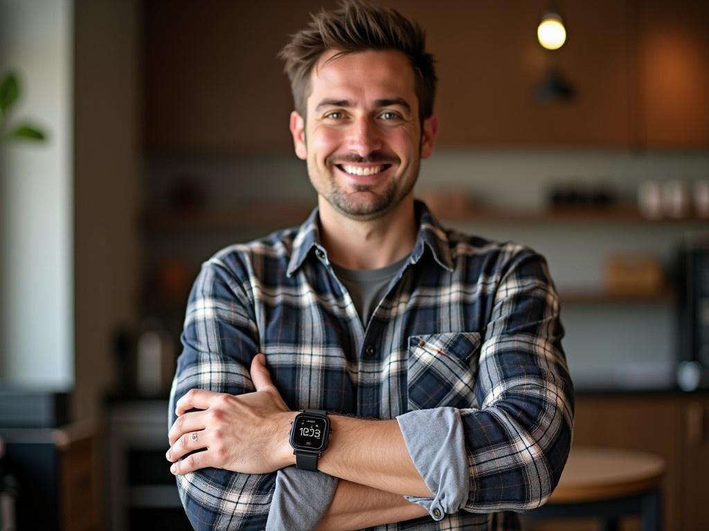 A white man stands confidently, wearing a plaid shirt. He is holding his wrist where a stylish digital watch is prominently displayed. The background shows an indoor setting with warm lighting and some subtle hints of objects on the walls. The man exudes a relaxed and casual vibe, as he engages in the moment. The atmosphere is friendly and inviting, capturing a snapshot of everyday life.