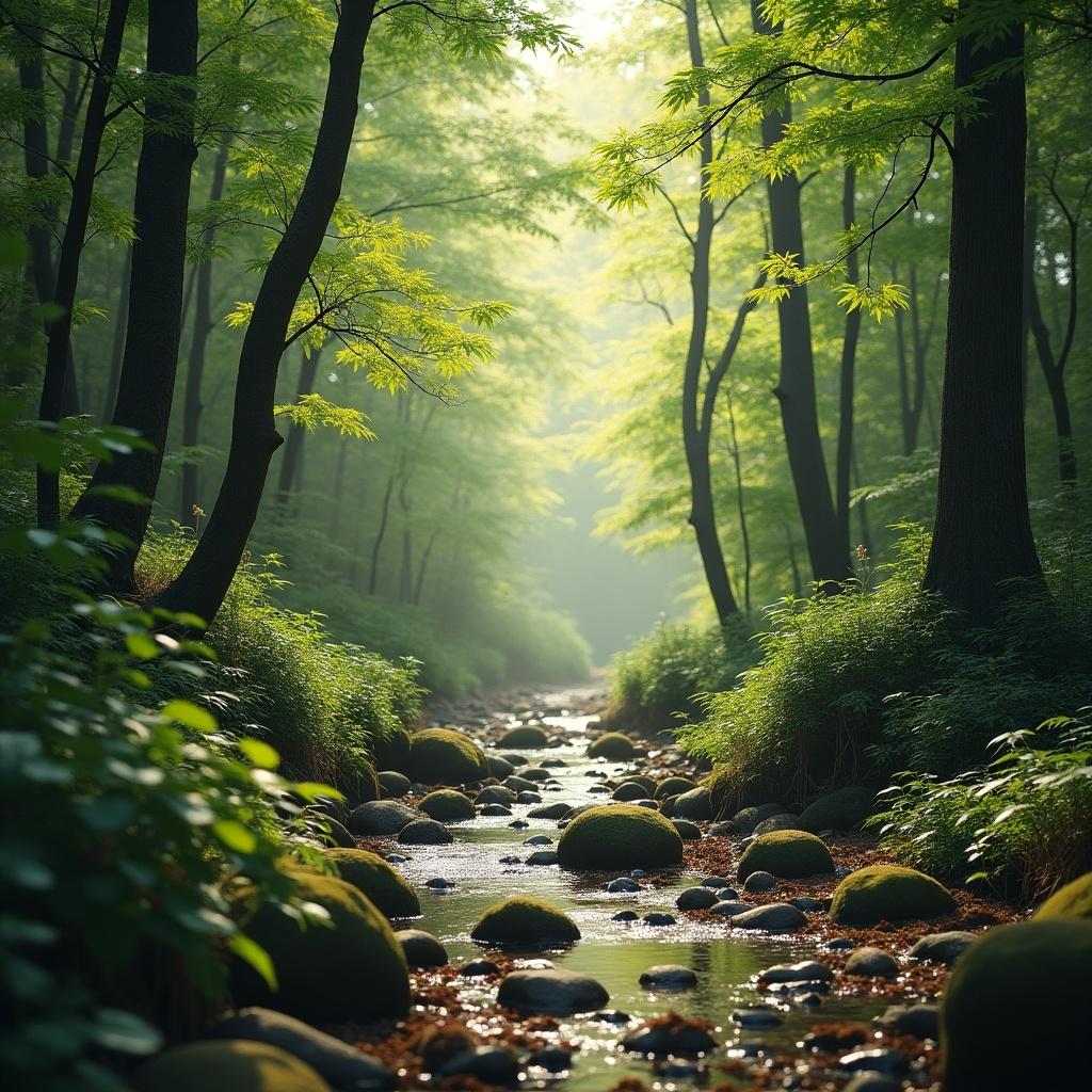 The image showcases a serene forest scene with a gentle stream flowing through it. Lush green trees line the banks of the stream, with sunlight filtering through the foliage. Smooth stones are scattered along the streambed, creating a natural mosaic. The atmosphere is calm and inviting, evoking a sense of peace. This setting is ideal for nature lovers and those seeking tranquility in the great outdoors.