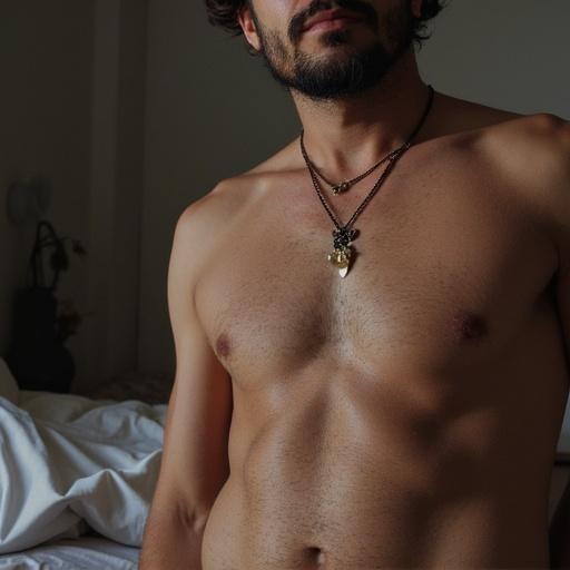 Man waking up in the morning wearing a relaxed expression with upper body visible. Soft bedding around him. Comfortable and calm atmosphere.