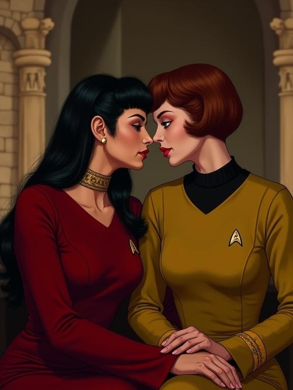 Illustration depicting two women in a Star Trek-inspired scene. One woman has long dark hair in a bouffant style. She wears a red uniform. The other woman has short auburn hair in a bob. She wears a yellow uniform with a black collar. They are in a medieval-style interior. The atmosphere is warm and intimate.