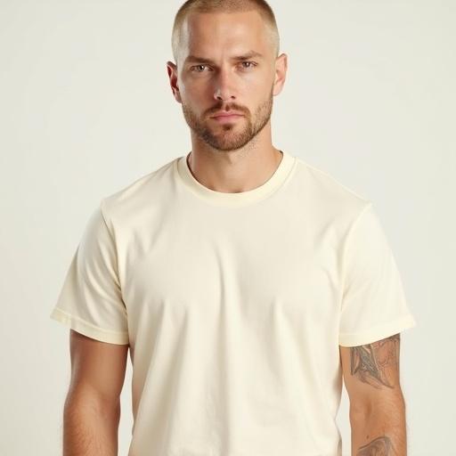 High resolution portrait of a man with short hair. Wearing a cream-colored t-shirt. Image framed from head to chest. Neutral expression with natural skin texture. Clean-shaven face with no body markings. Oval face shape and pointed nose. Well-lit with soft lighting.