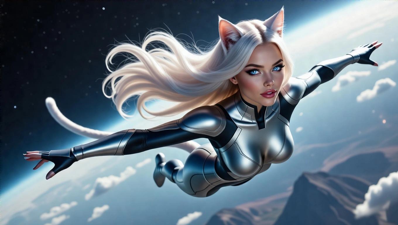 Heroic full body shot from the side of a slender muscular woman flying through the atmosphere. Long silky platinum blonde hair and piercing sapphire blue eyes. Beautiful dimples framing luscious lips. Platinum cat ears and tail matching her hair. Wearing a skintight futuristic spacesuit.
