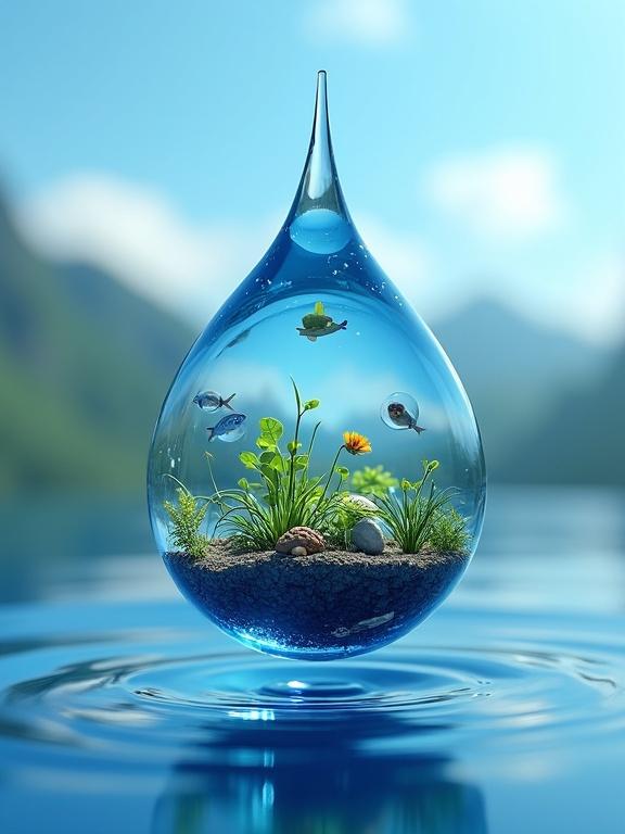 A detailed scene features a single blue orb drop containing a miniature ecosystem. Inside the orb, tiny plants and indigo fish thrive. The drop hangs in the air against a blurred blue sky. The image illustrates how small amounts of water can sustain life.