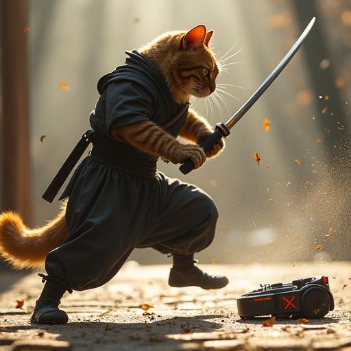 A muscular ginger cat acts as a ninja mid-katana swing. Cat wears a black headband. Cat's paws grip the katana. Back legs coil. Tail flares for balance. Cat's fur shines in sunlight. Cat's eyes are slit-pupils. A robot vacuum appears scared. Vacuum's sensors flash red. Dust compartment opens with debris. Scratches mark vacuum's surface.