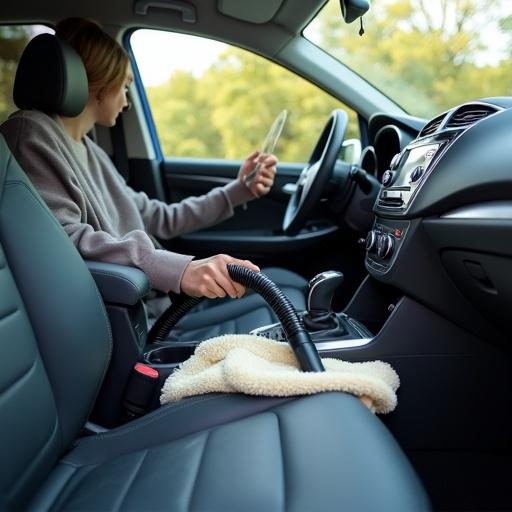 Person cleaning the interior of car with vacuum cleaner. They are seated in the driver's seat. The dashboard and car interior are visible. Natural light illuminates the scene. The focus is on the act of cleaning the vehicle.