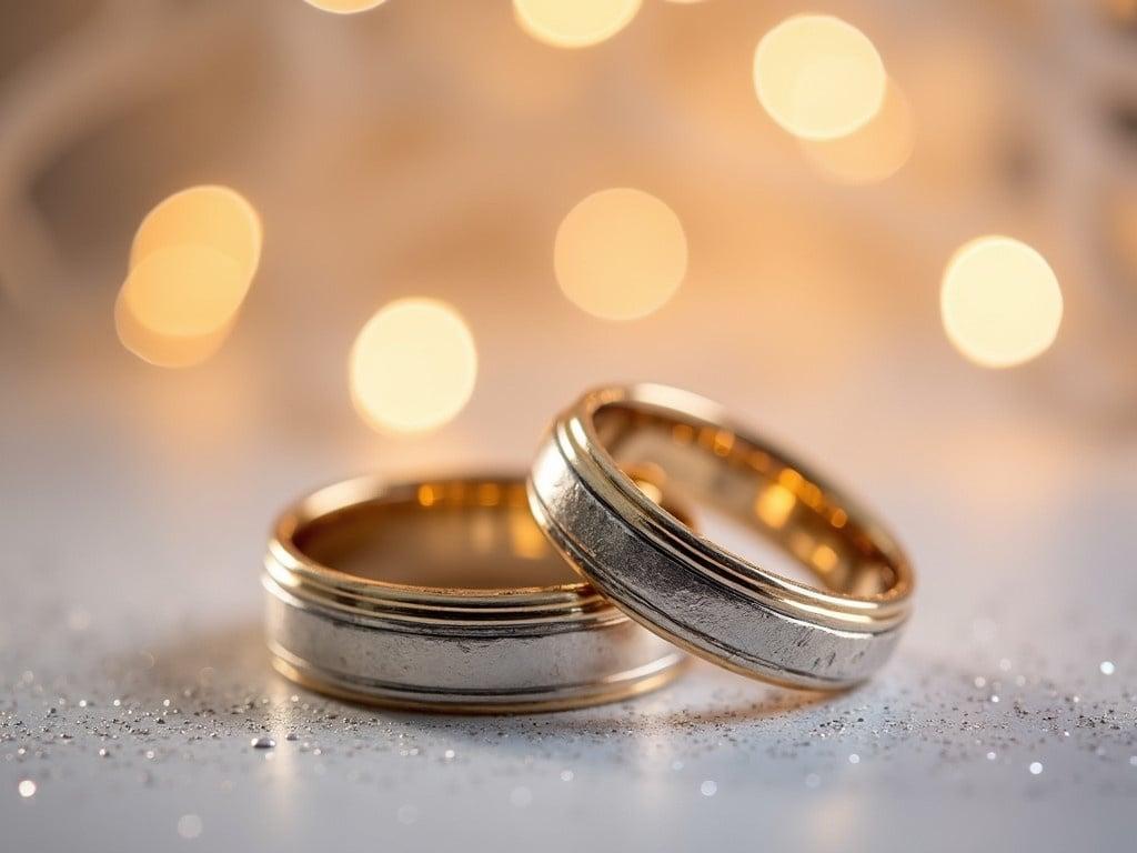 The image features two elegant wedding rings positioned closely together against a blurred, sparkling background. The rings are crafted with a beautiful combination of gold and silver, showcasing a seamless blend of the two metals. The soft bokeh effect in the background creates a dreamy ambiance, enhancing the romantic theme of the image. The surface beneath the rings appears glittery, adding a touch of luxury and celebration. This composition symbolizes love, commitment, and cherished moments in a relationship.