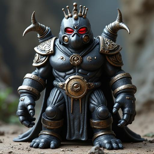 Design a fantasy cartoon-style monster toy inspired by early 2000s collectible figures. This is Lord Petrolius, the leader of the Tribe of Oil, standing 14.5 cm tall. Features a towering armored body with shiny textures. Face resembles a gas mask with glowing eyes. Non-human design with molded toy aesthetics. Includes large appendages and regal elements like a chest emblem and a refinery tower crown. Use a high-contrast PVC style with glossy textures and bold outlines.