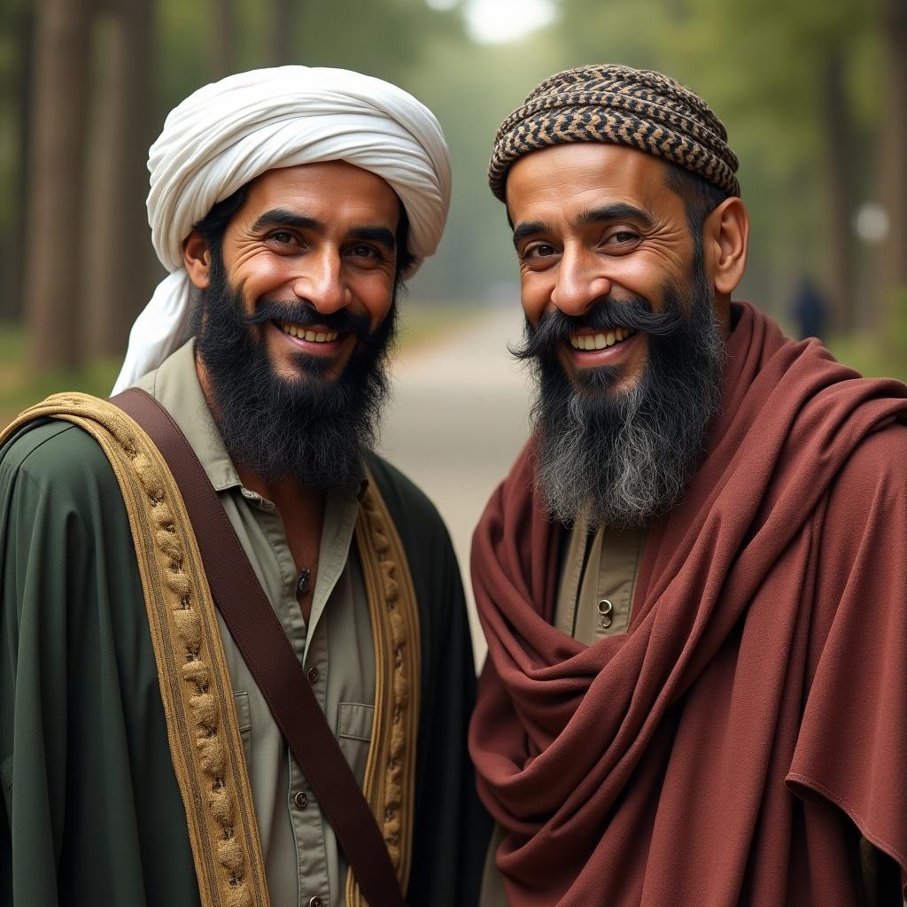 Two individuals in traditional attire standing outdoors. Background is blurred with trees. Natural lighting enhances the scene. The subjects appear to engage in conversation or camaraderie.