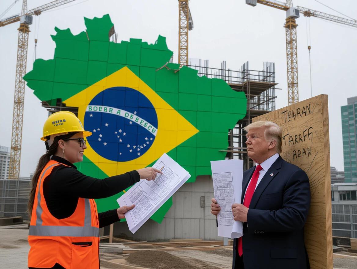 Construction scene with a vibrant Brazil shaped backdrop. A construction worker in a yellow helmet directs while Trump holds outdated blueprints. The scene reflects themes of energy and trade. A humorous element includes Trump accidentally nailing his tie to a wooden board.