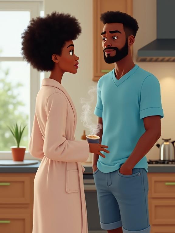 A young African woman confronts a man in a kitchen. Woman wears a morning robe and holds coffee. Man wears a short-sleeve shirt and jean shorts. Their expressions show surprise and softness. Steam rises from the coffee between them. 3D stylized characters with vibrant colors.