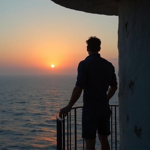 Solitary lighthouse keeper at dawn. Muscular form silhouetted against early light. Standing on balcony of tower. Shirt open to salt breeze. Weathered hands gripping railing. Gazing at endless horizon. Prison and freedom.