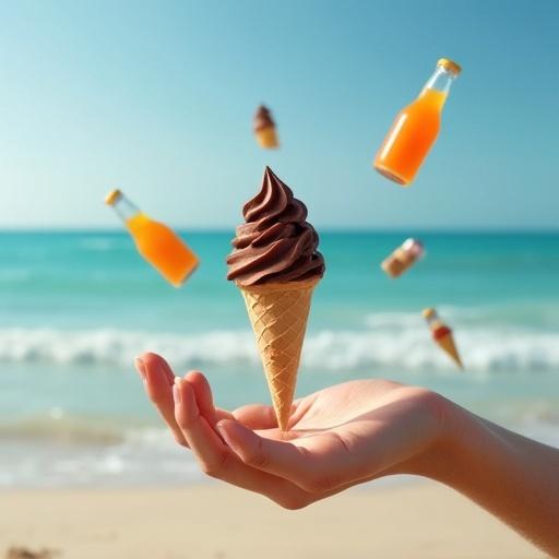 A hand extended holding a chocolate ice cream cone. Ice cream floats above the hand. Nearby, other ice cream cones and bottles of soft drinks are visible. Background features a beach scene.
