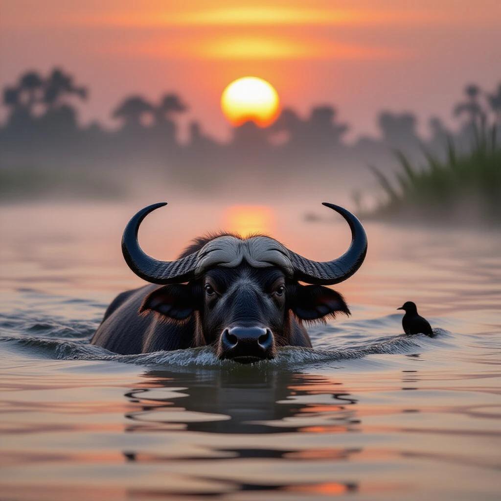 Close-up of a wild water buffalo swimming in foggy sunset water. A bird rests on the buffalo's back. The scene is photographed in vibrant deep colors of red and grey. The atmosphere is serene and tranquil. The buffalo is prominent in the foreground.