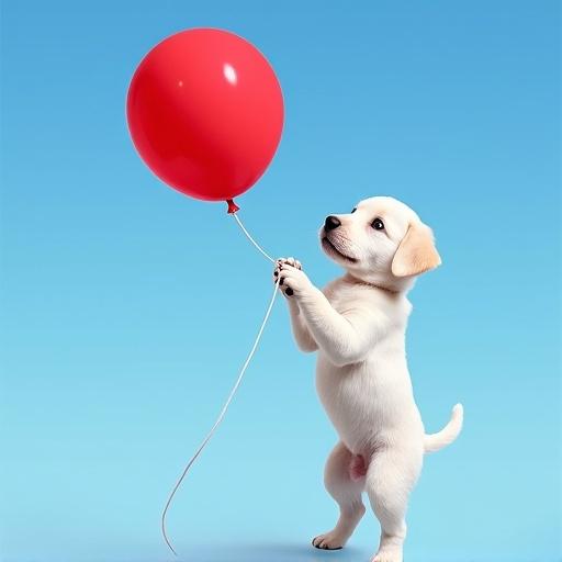 White puppy holds a red balloon with white string against blue sky. Puppy stands on hind legs with front legs raised. Head turned to left. Bright light creates a cheerful atmosphere.
