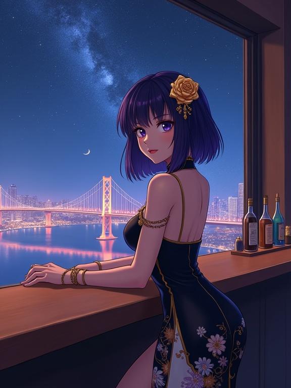 Anime-style lady with dark violet hair leaning on bar counter. She has a golden rose in her hair. Wearing a black dress with floral patterns. Panoramic view of a bright city night with a suspension bridge. Starry sky is visible through the window.