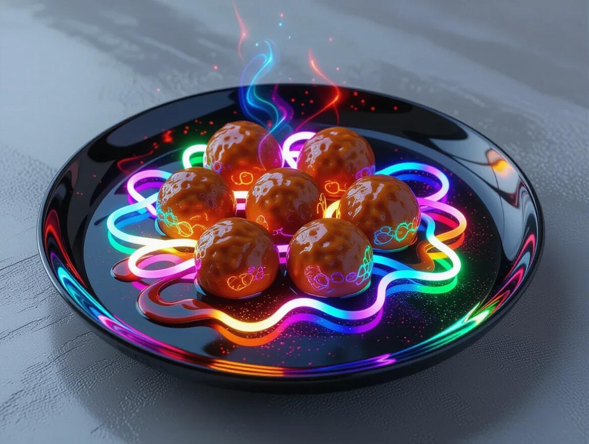 3D display of meatballs arranged on a plate. Glowing neon ribbons surround the meatballs. Sauce appears like swirling galaxies. Plate has a reflective black surface. Emphasis on cosmic energy pop art. Strong realism in surreal lighting.