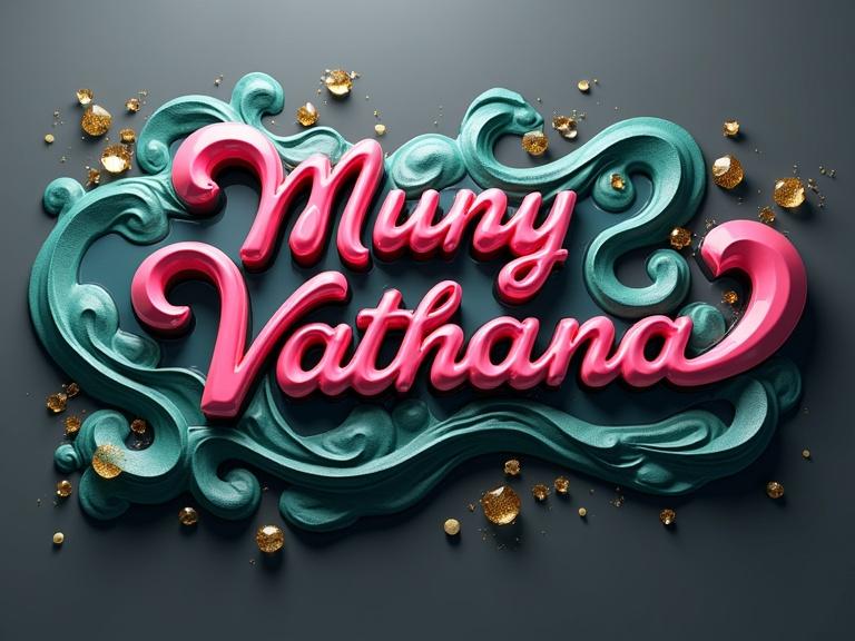 A 3D render with text 'Muny Vathana' in cursive style. Bright pink and green gradients used. Text appears to melt on polished obsidian background. Soft shadows enhance details. Surrounding shapes resemble smoke in turquoise and gold. Iridescent droplets shimmer. Deep gray gradient background intensifies colors. Soft light source highlights artistry.