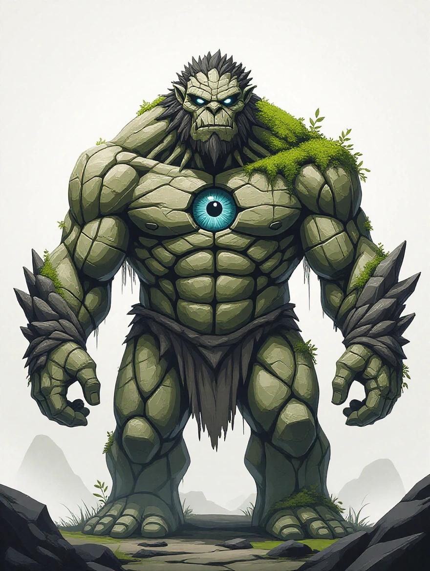 A colossal golem made of stone with a large blue-green eye on its chest. Muscular humanoid form, rough cracked stone body. Moss and green plants grow on shoulders and arms. Dark jagged rocks create a mane on its back. Powerful and intimidating stance, resembling a guardian of the forest.