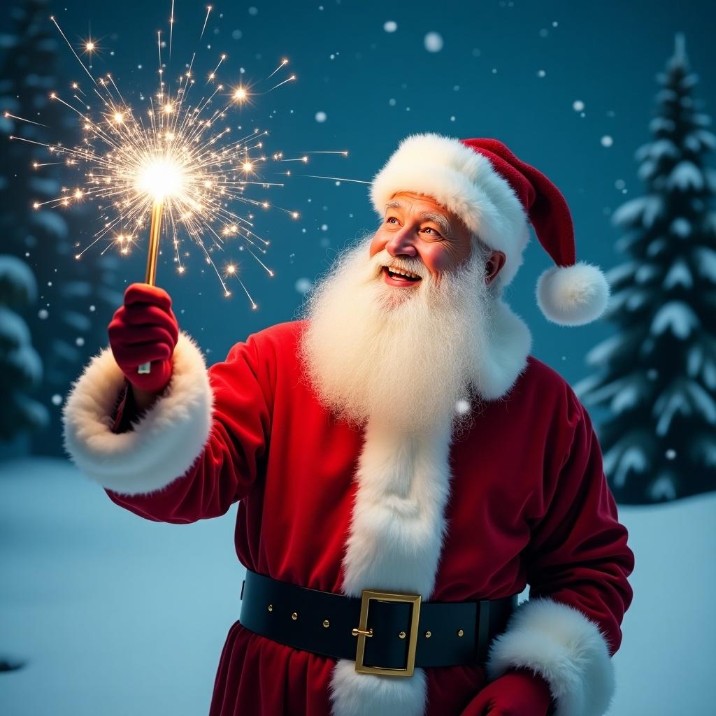 Jolly Santa Claus in snowy landscape holding magical wand with sparkles. Classic red suit with white fur trim and matching hat. Eyes twinkle with joy appearing to write names in the sky. Snowy scene with evergreen trees and starry night sky. Festive and magical atmosphere for holiday season.