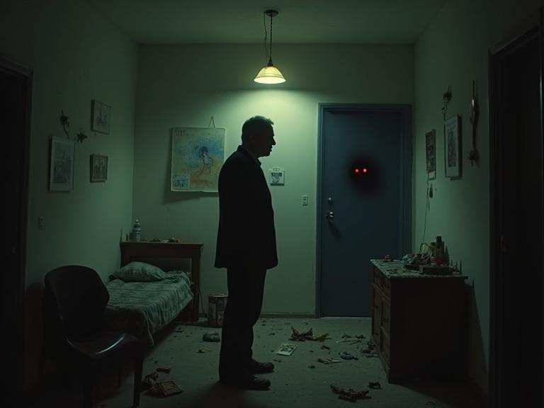 Iyad stands in an old childhood bedroom. The room has a small bed and scattered toys. The light hangs from a broken lamp. A dark shadow with red glowing eyes approaches Iyad. The atmosphere is filled with dread and nostalgia. Cracked walls add tension to the scene.