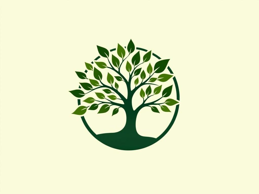 A green tree symbolizing life is illustrated in the center of a circular design. The tree features a sturdy trunk with numerous branches spreading out. Each branch is adorned with vibrant green leaves, representing health and vitality. The circular shape encapsulates the tree, giving it a sense of wholeness. The background is a soft cream color, contrasting with the deep green of the tree and the circle outline. This design evokes feelings of growth, nature, and renewal.